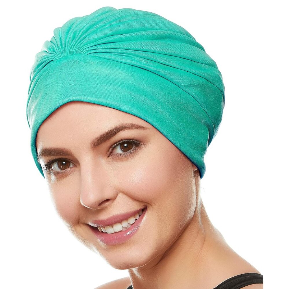Beemo Swim Caps for Women Swimming Turban Polyester Latex Lined Pleated - Green